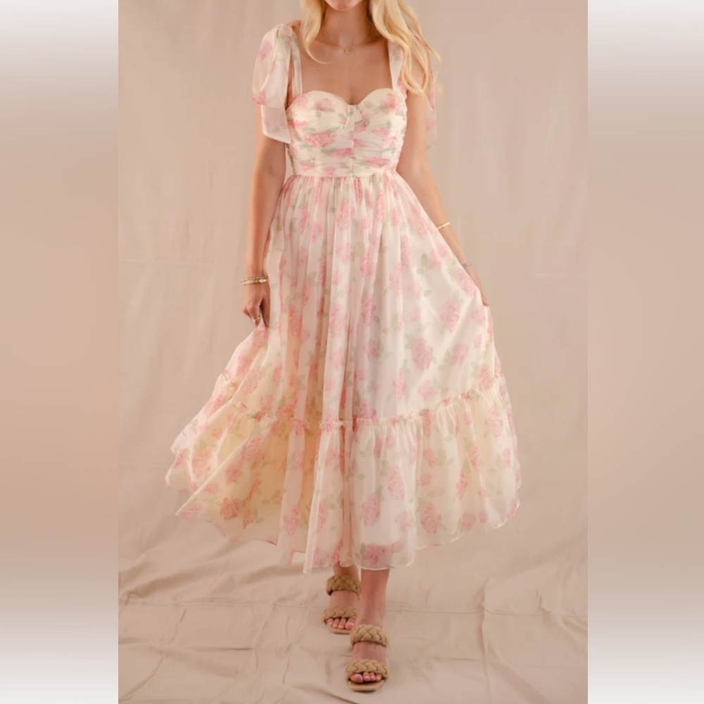 Mable Floral Bustier Maxi Dress with Self Tie Straps - Size Large. G#38